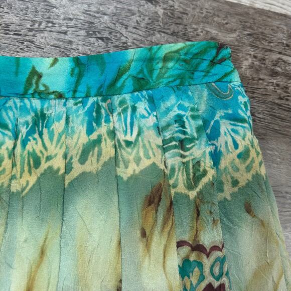 Vintage Boho Silk Blend Skirt Green Blue Floral Tie Dye Pleated Midi Size 8 - Picture 3 of 9